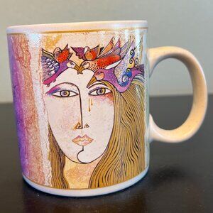 Laurel Burch Mug w/ Art of Lady w/ Bird Crown & Soulful Proverb ~ Metallic Gold